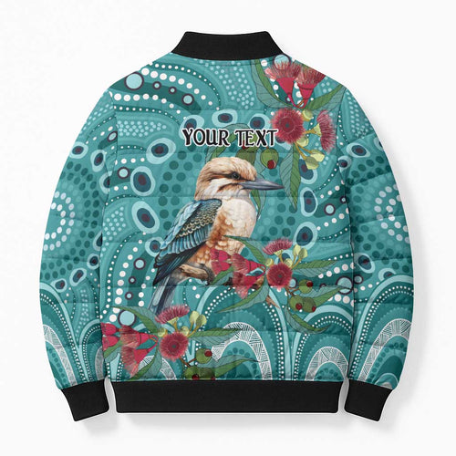 Kookaburra Eucalyptus Personalised Bomber Puffer Jacket Aboriginal Australian Dot Painting - Aussie Hoodie