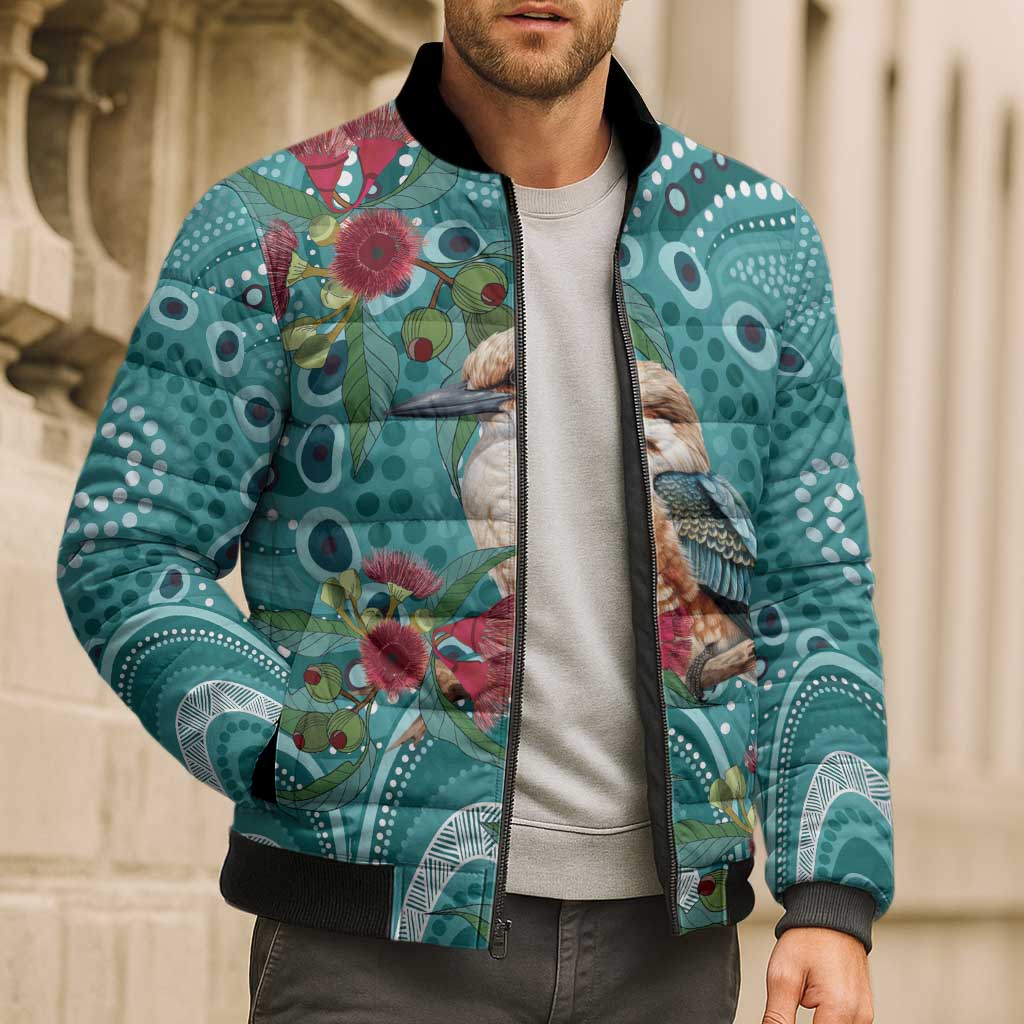 Kookaburra Eucalyptus Personalised Bomber Puffer Jacket Aboriginal Australian Dot Painting - Aussie Hoodie