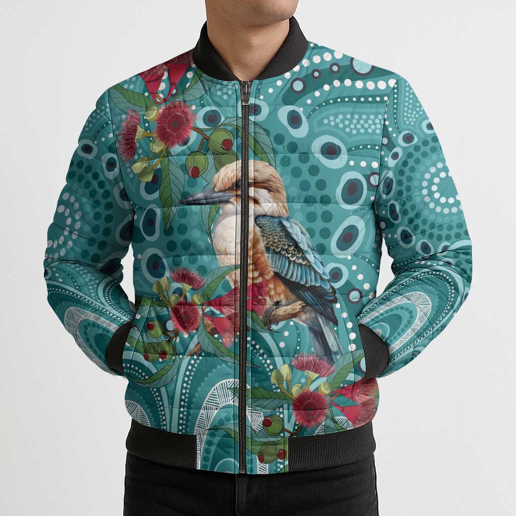 Kookaburra Eucalyptus Personalised Bomber Puffer Jacket Aboriginal Australian Dot Painting - Aussie Hoodie