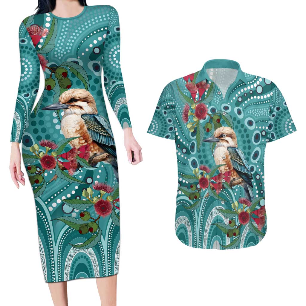 Kookaburra Eucalyptus Personalised Couples Matching Long Sleeve Bodycon Dress and Hawaiian Shirt Aboriginal Australian Dot Painting - Aussie Hoodie