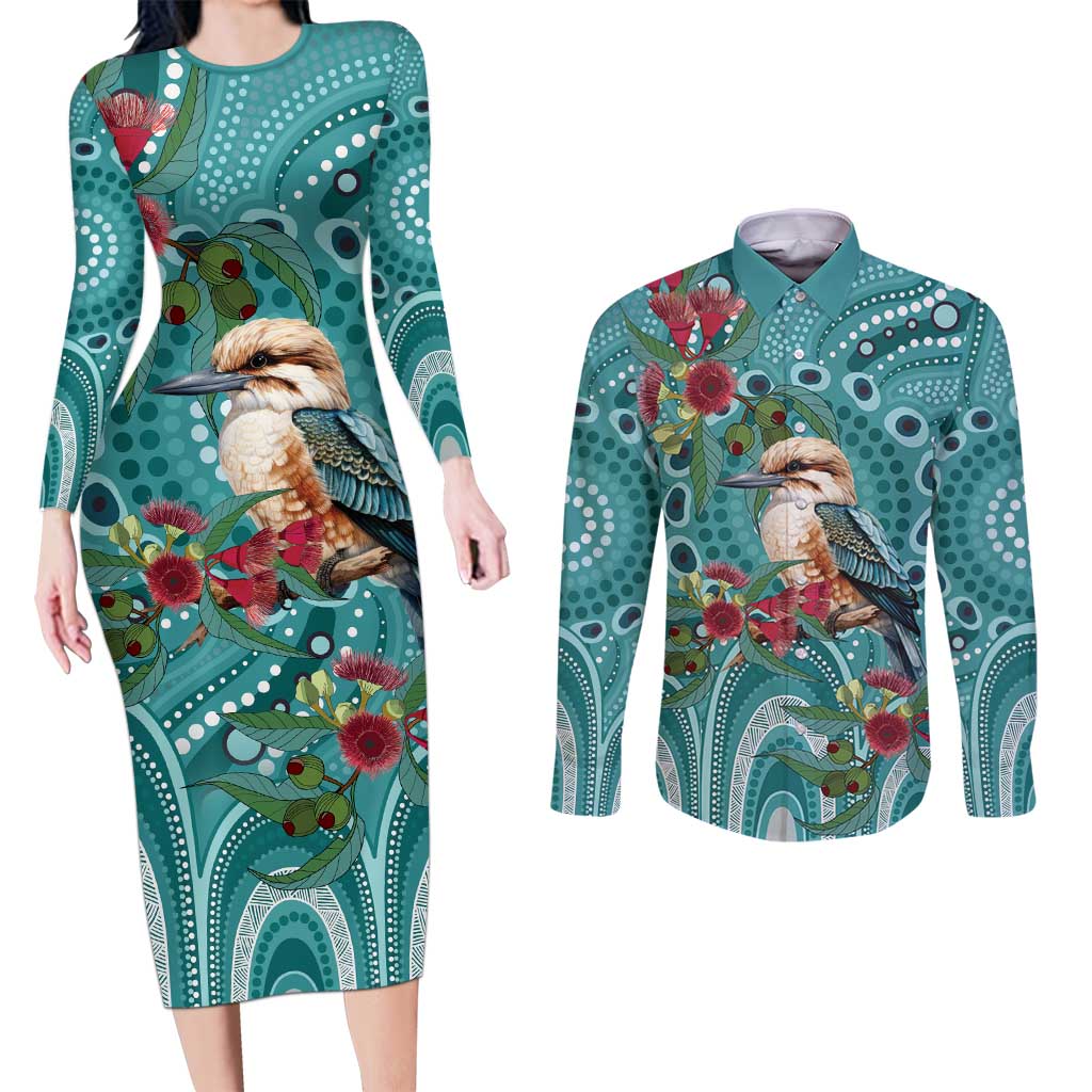 Kookaburra Eucalyptus Personalised Couples Matching Long Sleeve Bodycon Dress and Long Sleeve Button Shirt Aboriginal Australian Dot Painting - Aussie Hoodie