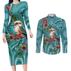 Kookaburra Eucalyptus Personalised Couples Matching Long Sleeve Bodycon Dress and Long Sleeve Button Shirt Aboriginal Australian Dot Painting - Aussie Hoodie