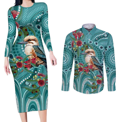 Kookaburra Eucalyptus Personalised Couples Matching Long Sleeve Bodycon Dress and Long Sleeve Button Shirt Aboriginal Australian Dot Painting - Aussie Hoodie