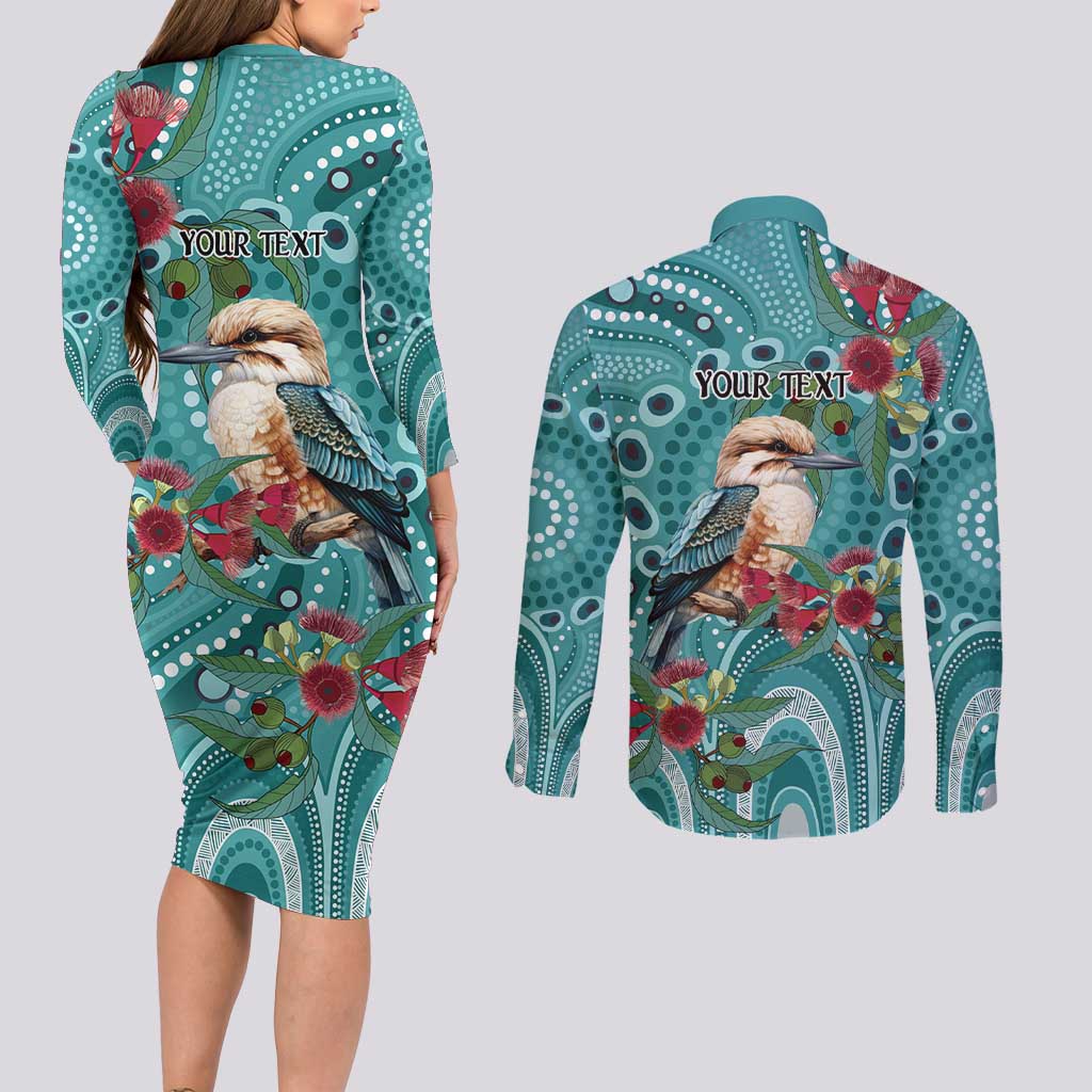 Kookaburra Eucalyptus Personalised Couples Matching Long Sleeve Bodycon Dress and Long Sleeve Button Shirt Aboriginal Australian Dot Painting - Aussie Hoodie