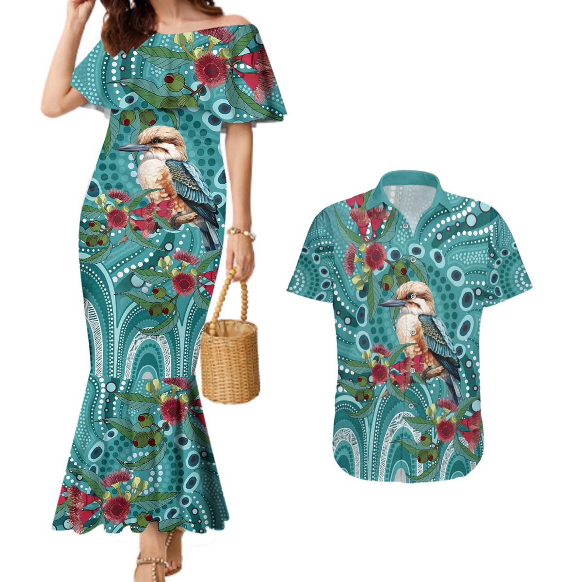 Kookaburra Eucalyptus Personalised Couples Matching Mermaid Dress and Hawaiian Shirt Aboriginal Australian Dot Painting - Aussie Hoodie