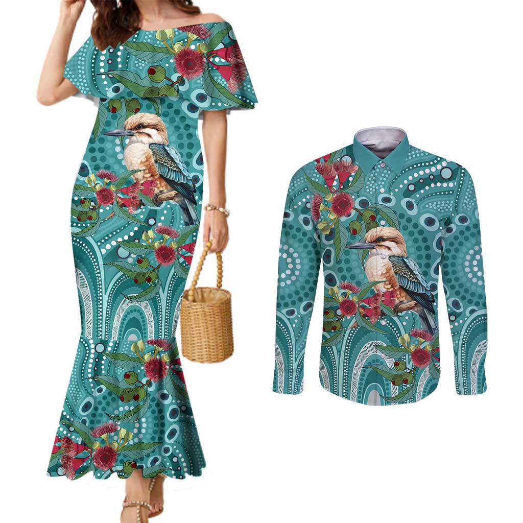 Kookaburra Eucalyptus Personalised Couples Matching Mermaid Dress and Long Sleeve Button Shirt Aboriginal Australian Dot Painting - Aussie Hoodie