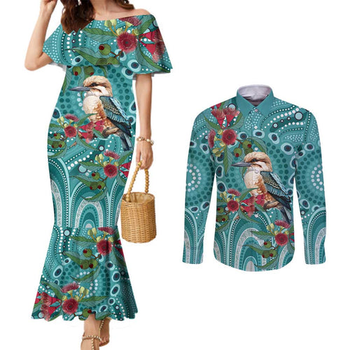 Kookaburra Eucalyptus Personalised Couples Matching Mermaid Dress and Long Sleeve Button Shirt Aboriginal Australian Dot Painting - Aussie Hoodie