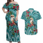 Kookaburra Eucalyptus Personalised Couples Matching Off Shoulder Maxi Dress and Hawaiian Shirt Aboriginal Australian Dot Painting - Aussie Hoodie