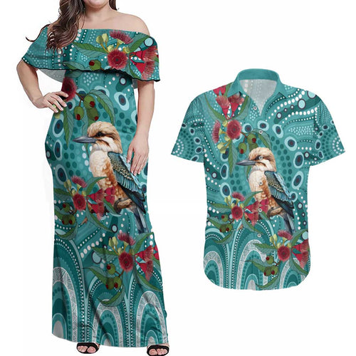 Kookaburra Eucalyptus Personalised Couples Matching Off Shoulder Maxi Dress and Hawaiian Shirt Aboriginal Australian Dot Painting - Aussie Hoodie