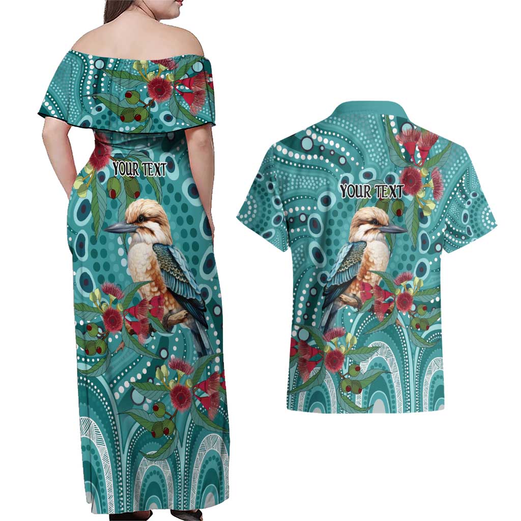 Kookaburra Eucalyptus Personalised Couples Matching Off Shoulder Maxi Dress and Hawaiian Shirt Aboriginal Australian Dot Painting - Aussie Hoodie