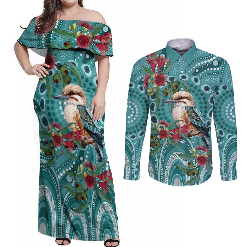 Kookaburra Eucalyptus Personalised Couples Matching Off Shoulder Maxi Dress and Long Sleeve Button Shirt Aboriginal Australian Dot Painting - Aussie Hoodie