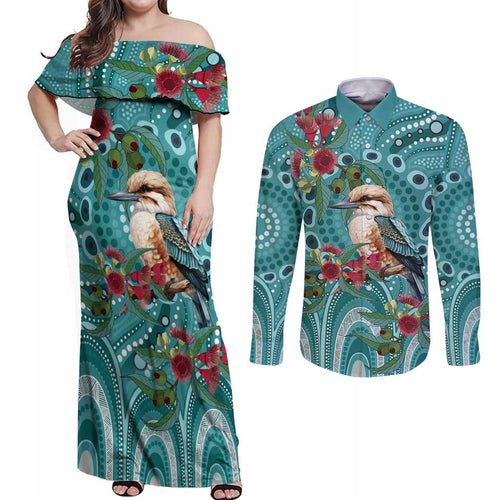 Kookaburra Eucalyptus Personalised Couples Matching Off Shoulder Maxi Dress and Long Sleeve Button Shirt Aboriginal Australian Dot Painting - Aussie Hoodie