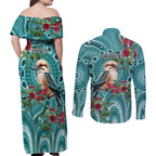 Kookaburra Eucalyptus Personalised Couples Matching Off Shoulder Maxi Dress and Long Sleeve Button Shirt Aboriginal Australian Dot Painting - Aussie Hoodie