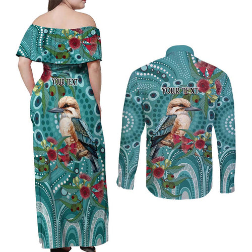 Kookaburra Eucalyptus Personalised Couples Matching Off Shoulder Maxi Dress and Long Sleeve Button Shirt Aboriginal Australian Dot Painting - Aussie Hoodie