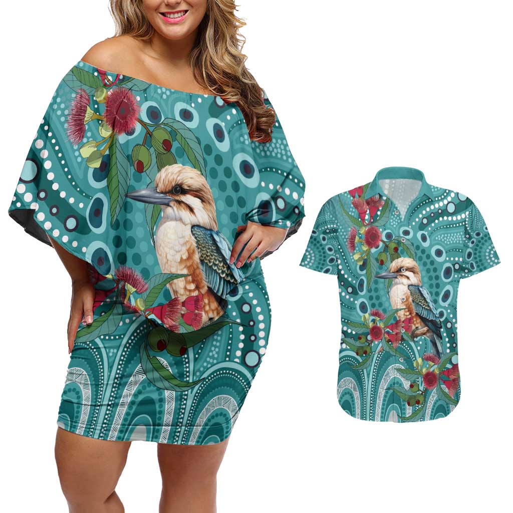 Kookaburra Eucalyptus Personalised Couples Matching Off Shoulder Short Dress and Hawaiian Shirt Aboriginal Australian Dot Painting - Aussie Hoodie