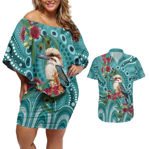 Kookaburra Eucalyptus Personalised Couples Matching Off Shoulder Short Dress and Hawaiian Shirt Aboriginal Australian Dot Painting - Aussie Hoodie