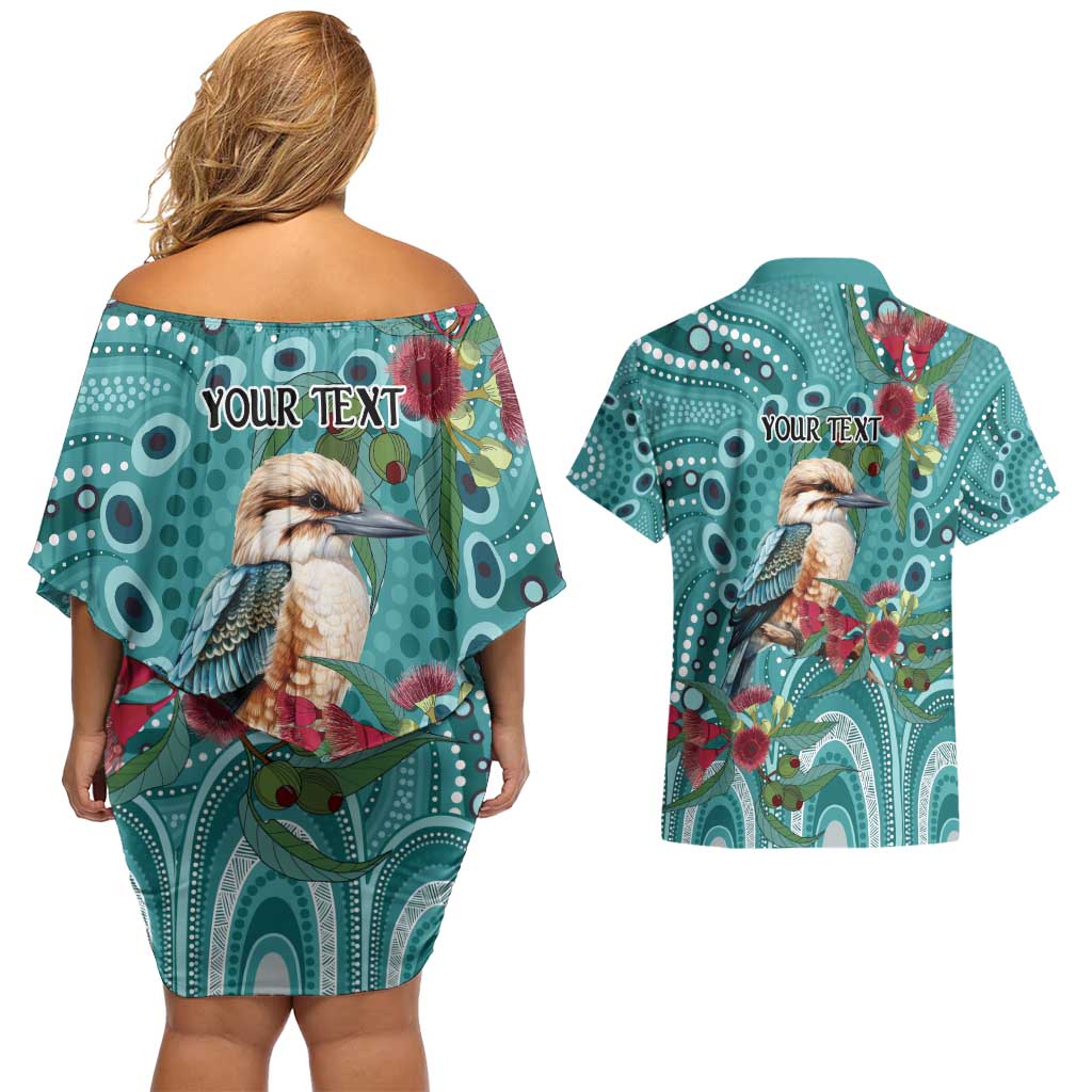 Kookaburra Eucalyptus Personalised Couples Matching Off Shoulder Short Dress and Hawaiian Shirt Aboriginal Australian Dot Painting - Aussie Hoodie
