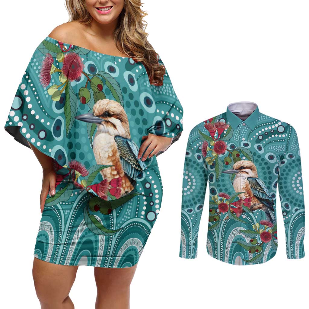 Kookaburra Eucalyptus Personalised Couples Matching Off Shoulder Short Dress and Long Sleeve Button Shirt Aboriginal Australian Dot Painting - Aussie Hoodie