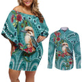 Kookaburra Eucalyptus Personalised Couples Matching Off Shoulder Short Dress and Long Sleeve Button Shirt Aboriginal Australian Dot Painting - Aussie Hoodie