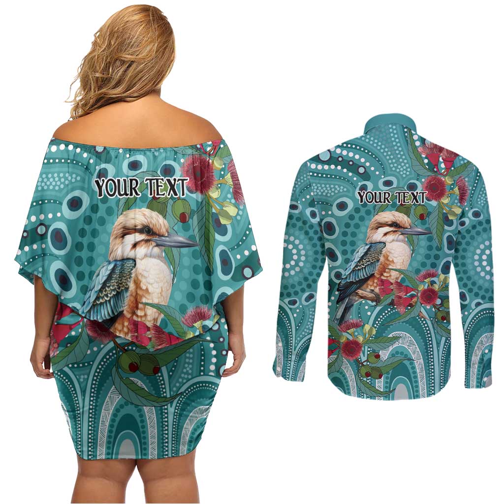 Kookaburra Eucalyptus Personalised Couples Matching Off Shoulder Short Dress and Long Sleeve Button Shirt Aboriginal Australian Dot Painting - Aussie Hoodie