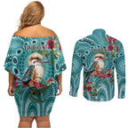 Kookaburra Eucalyptus Personalised Couples Matching Off Shoulder Short Dress and Long Sleeve Button Shirt Aboriginal Australian Dot Painting - Aussie Hoodie
