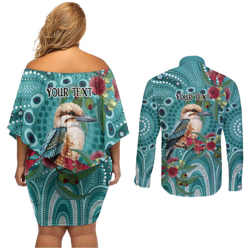 Kookaburra Eucalyptus Personalised Couples Matching Off Shoulder Short Dress and Long Sleeve Button Shirt Aboriginal Australian Dot Painting - Aussie Hoodie