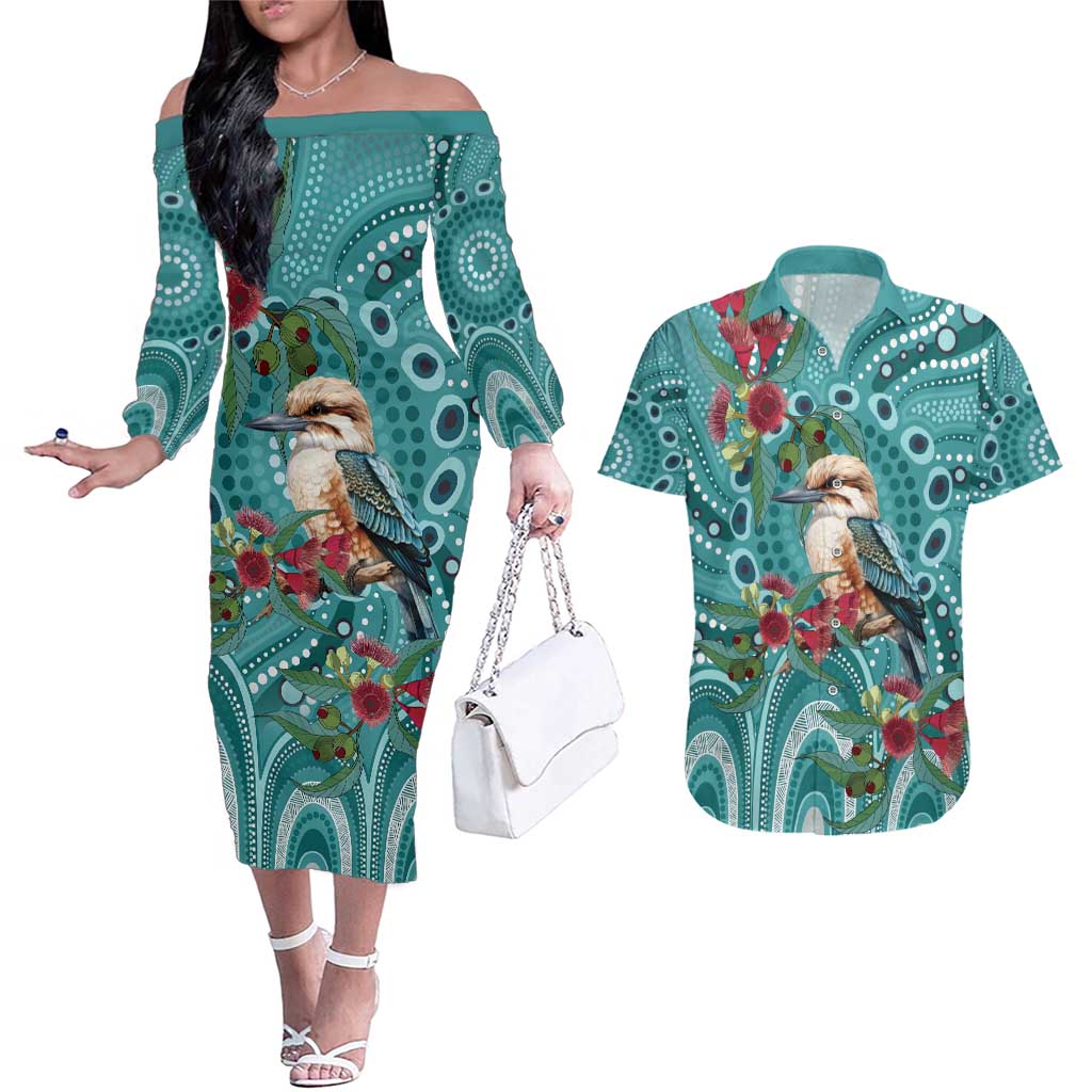 Kookaburra Eucalyptus Personalised Couples Matching Off The Shoulder Long Sleeve Dress and Hawaiian Shirt Aboriginal Australian Dot Painting - Aussie Hoodie