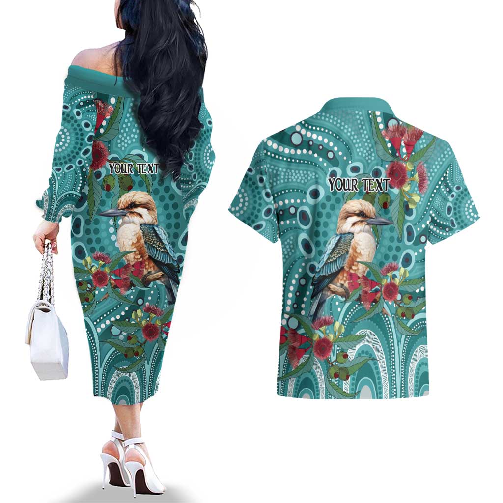 Kookaburra Eucalyptus Personalised Couples Matching Off The Shoulder Long Sleeve Dress and Hawaiian Shirt Aboriginal Australian Dot Painting - Aussie Hoodie