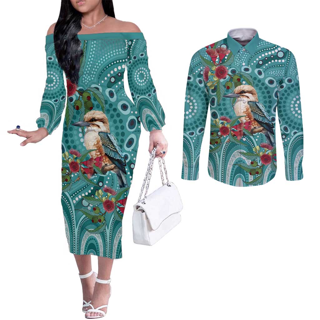 Kookaburra Eucalyptus Personalised Couples Matching Off The Shoulder Long Sleeve Dress and Long Sleeve Button Shirt Aboriginal Australian Dot Painting - Aussie Hoodie