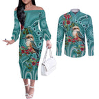 Kookaburra Eucalyptus Personalised Couples Matching Off The Shoulder Long Sleeve Dress and Long Sleeve Button Shirt Aboriginal Australian Dot Painting - Aussie Hoodie