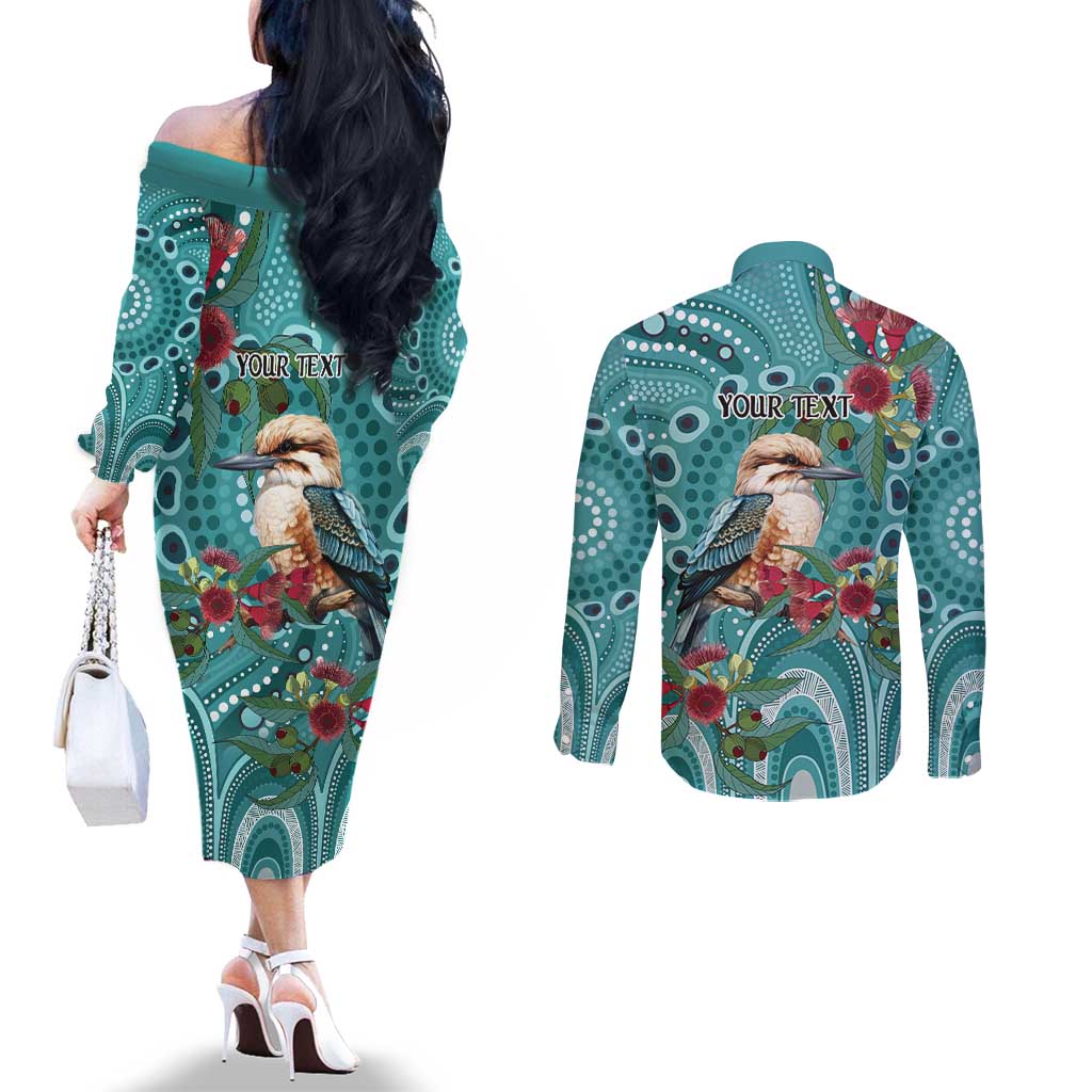Kookaburra Eucalyptus Personalised Couples Matching Off The Shoulder Long Sleeve Dress and Long Sleeve Button Shirt Aboriginal Australian Dot Painting - Aussie Hoodie