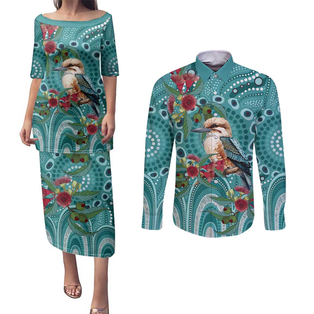 Kookaburra Eucalyptus Personalised Couples Matching Puletasi and Long Sleeve Button Shirt Aboriginal Australian Dot Painting - Aussie Hoodie