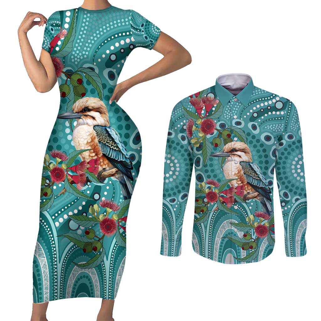 Kookaburra Eucalyptus Personalised Couples Matching Short Sleeve Bodycon Dress and Long Sleeve Button Shirt Aboriginal Australian Dot Painting - Aussie Hoodie
