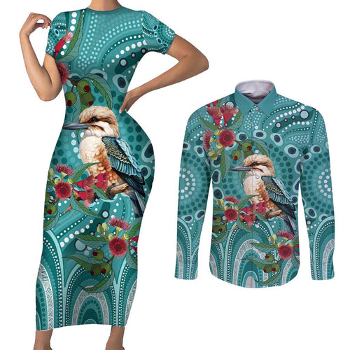 Kookaburra Eucalyptus Personalised Couples Matching Short Sleeve Bodycon Dress and Long Sleeve Button Shirt Aboriginal Australian Dot Painting - Aussie Hoodie
