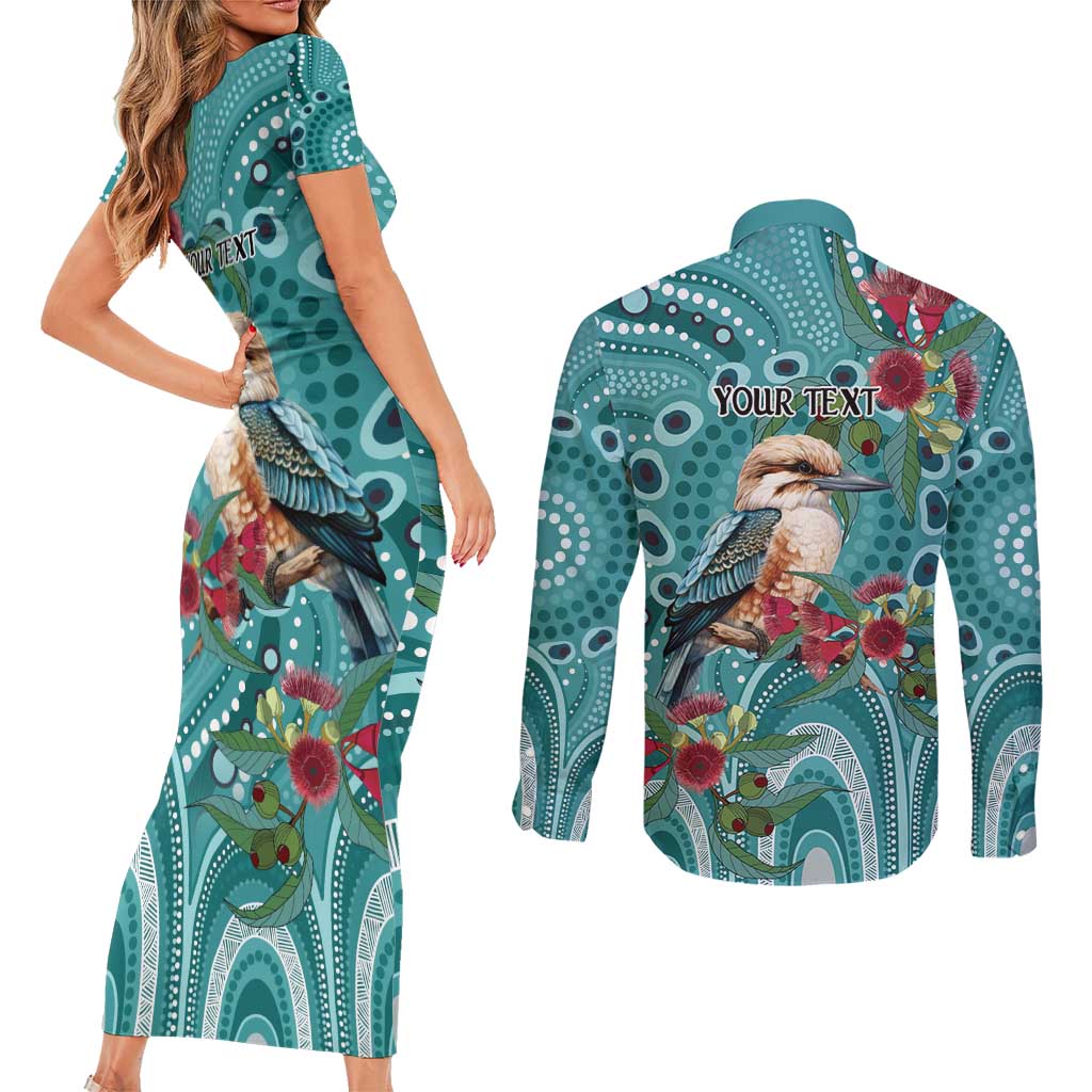 Kookaburra Eucalyptus Personalised Couples Matching Short Sleeve Bodycon Dress and Long Sleeve Button Shirt Aboriginal Australian Dot Painting - Aussie Hoodie