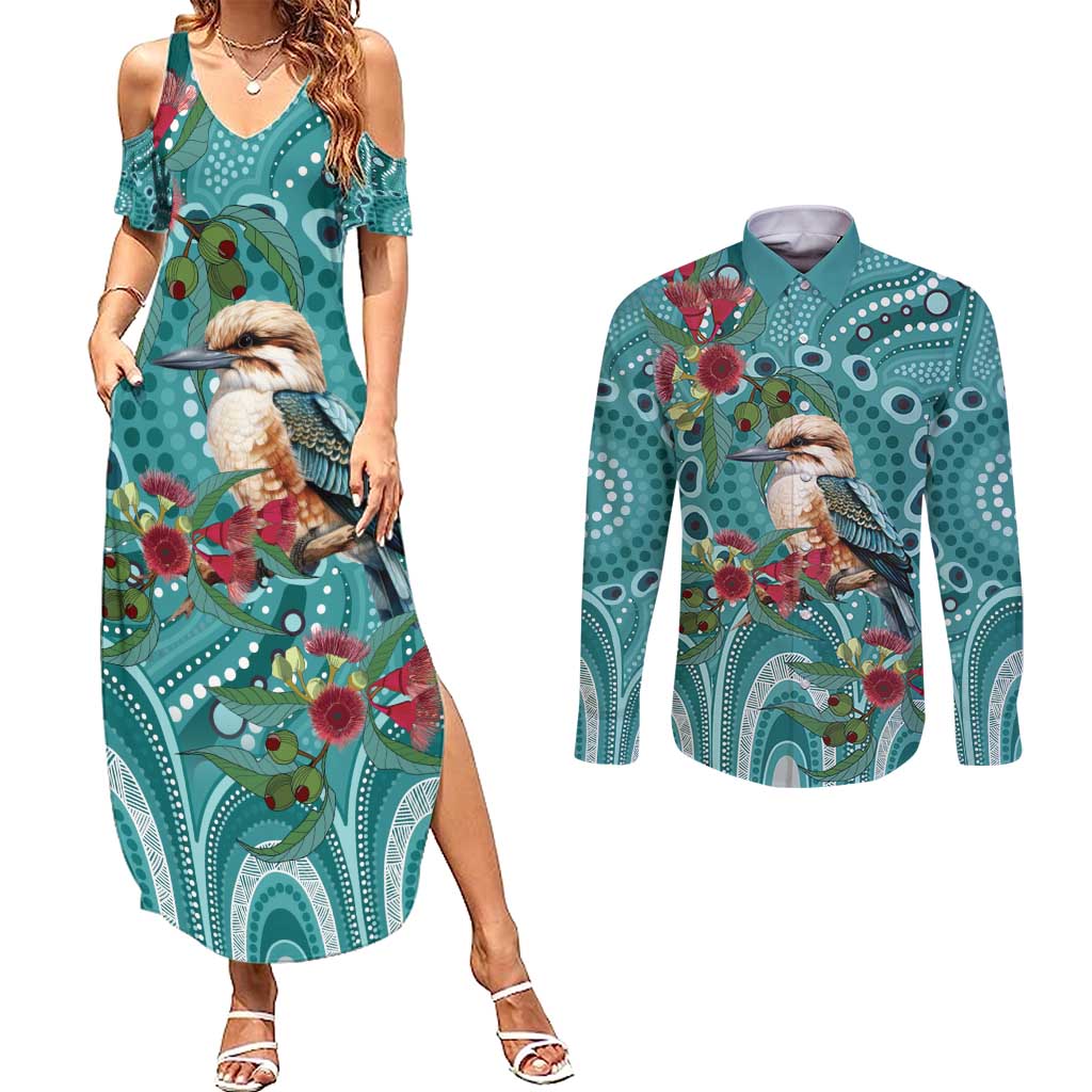 Kookaburra Eucalyptus Personalised Couples Matching Summer Maxi Dress and Long Sleeve Button Shirt Aboriginal Australian Dot Painting - Aussie Hoodie
