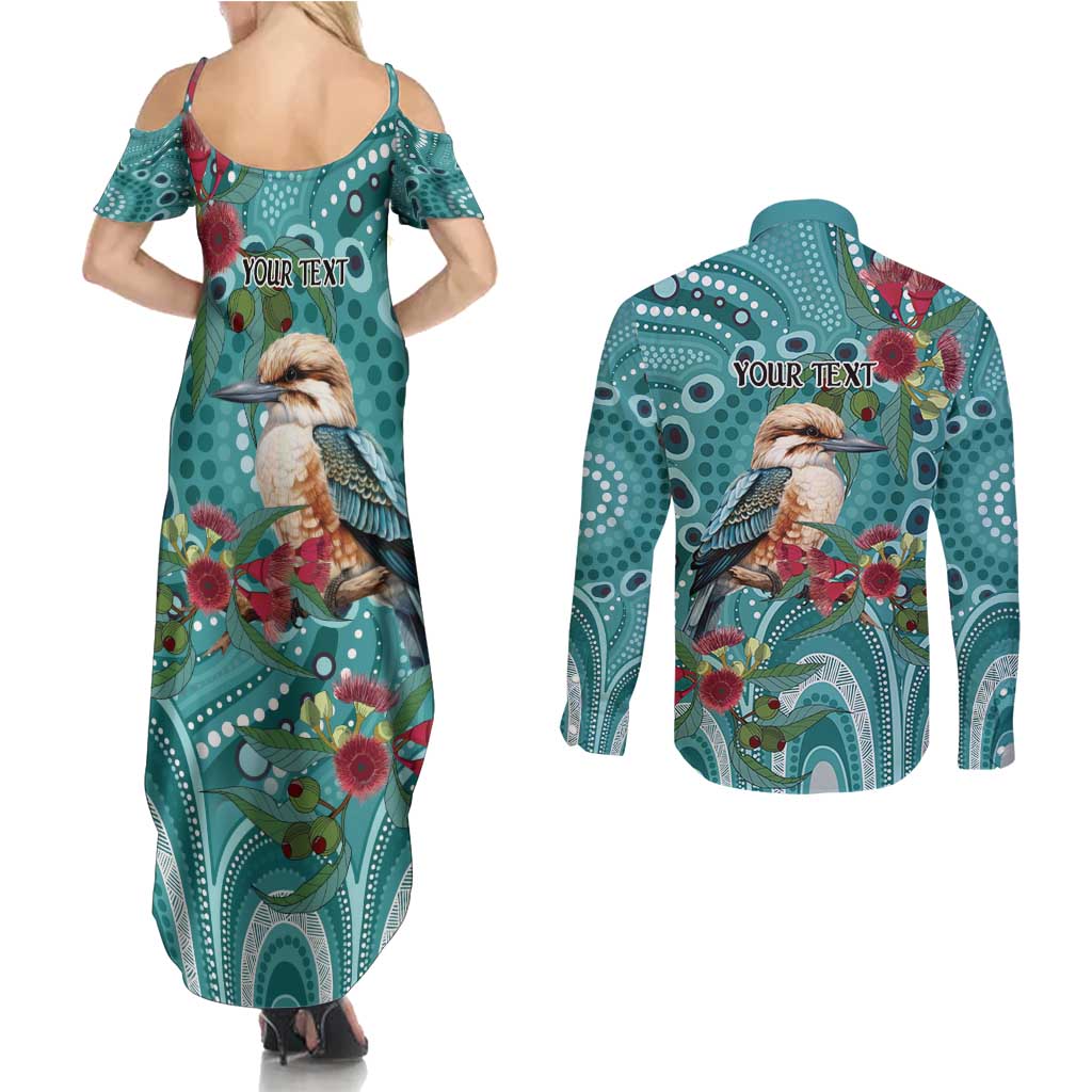 Kookaburra Eucalyptus Personalised Couples Matching Summer Maxi Dress and Long Sleeve Button Shirt Aboriginal Australian Dot Painting - Aussie Hoodie