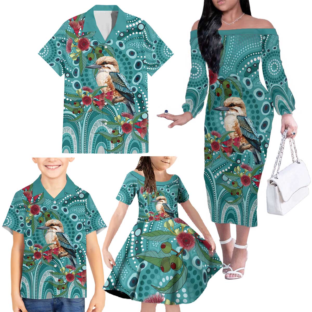 Kookaburra Eucalyptus Personalised Family Matching Off The Shoulder Long Sleeve Dress and Hawaiian Shirt Aboriginal Australian Dot Painting - Aussie Hoodie