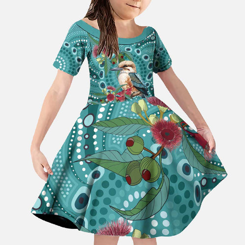 Kookaburra Eucalyptus Personalised Family Matching Off The Shoulder Long Sleeve Dress and Hawaiian Shirt Aboriginal Australian Dot Painting - Aussie Hoodie