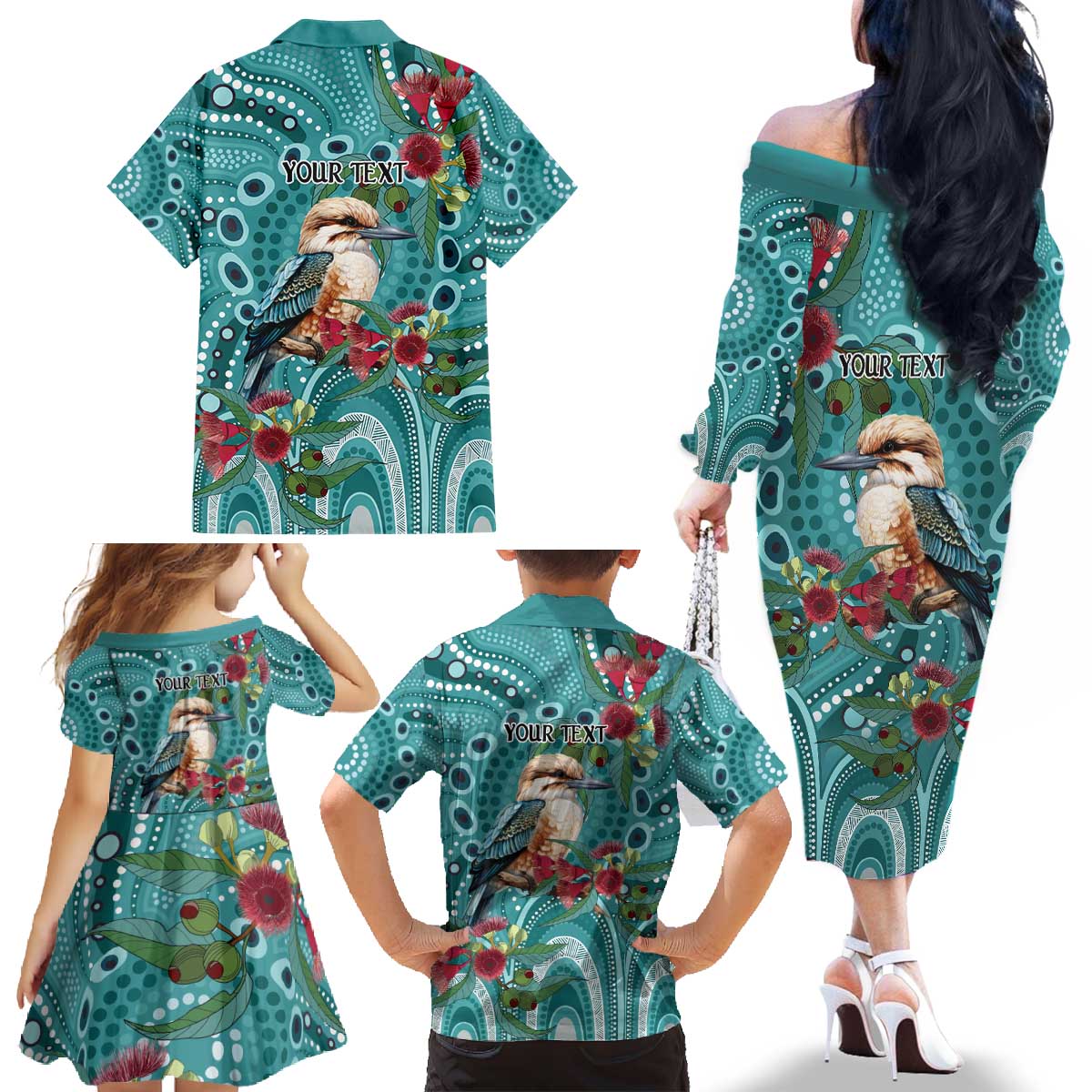 Kookaburra Eucalyptus Personalised Family Matching Off The Shoulder Long Sleeve Dress and Hawaiian Shirt Aboriginal Australian Dot Painting - Aussie Hoodie