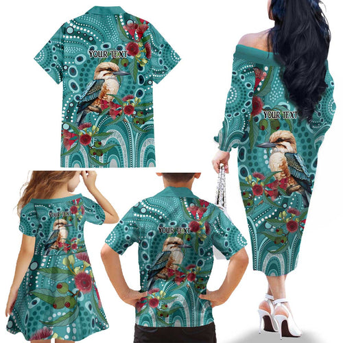 Kookaburra Eucalyptus Personalised Family Matching Off The Shoulder Long Sleeve Dress and Hawaiian Shirt Aboriginal Australian Dot Painting - Aussie Hoodie