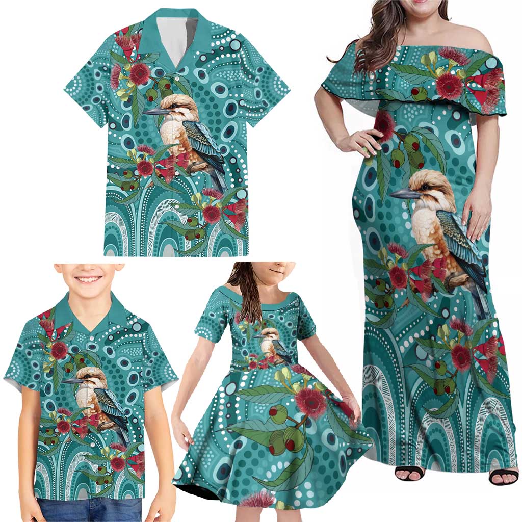 Kookaburra Eucalyptus Personalised Family Matching Off Shoulder Maxi Dress and Hawaiian Shirt Aboriginal Australian Dot Painting - Aussie Hoodie