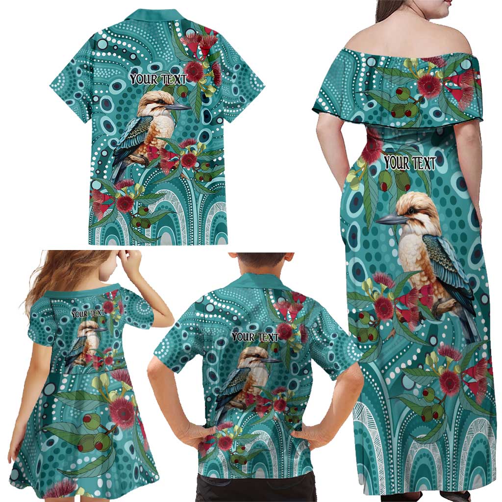 Kookaburra Eucalyptus Personalised Family Matching Off Shoulder Maxi Dress and Hawaiian Shirt Aboriginal Australian Dot Painting - Aussie Hoodie