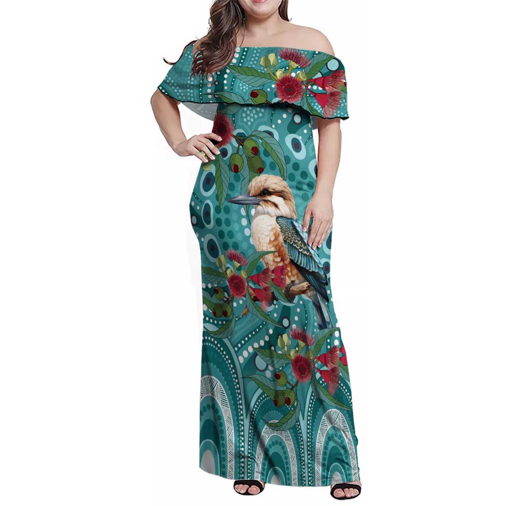 Kookaburra Eucalyptus Personalised Family Matching Off Shoulder Maxi Dress and Hawaiian Shirt Aboriginal Australian Dot Painting - Aussie Hoodie