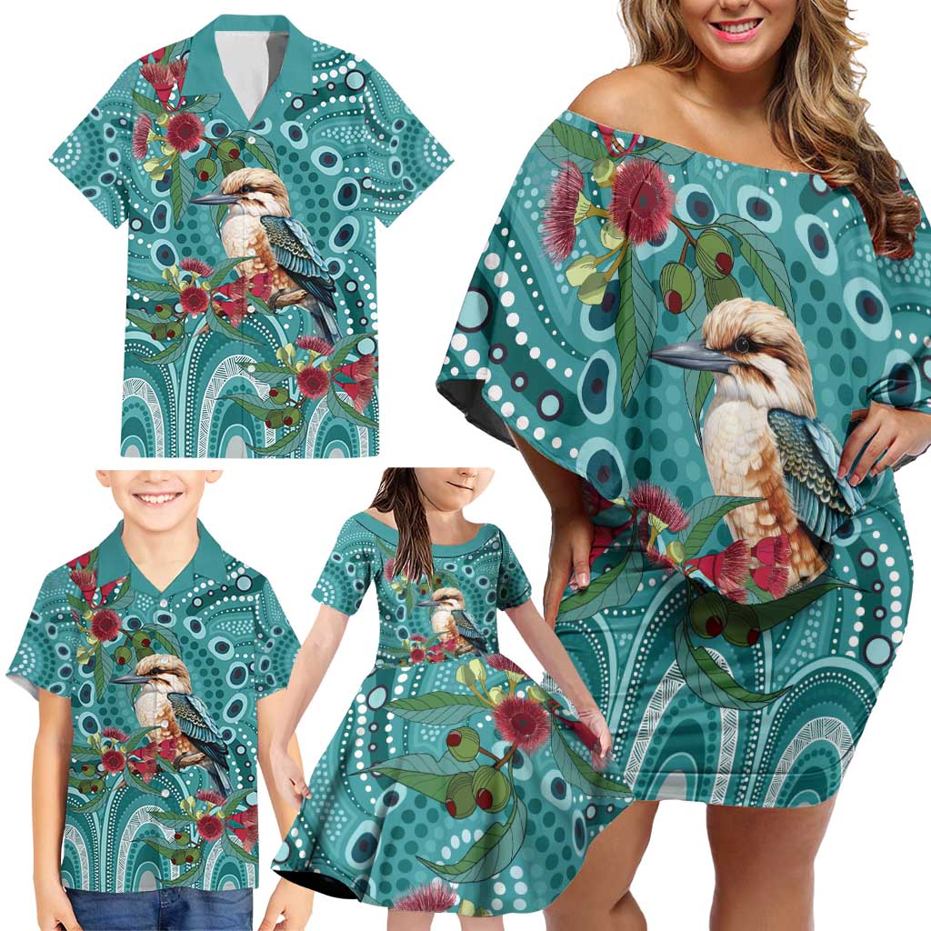 Kookaburra Eucalyptus Personalised Family Matching Off Shoulder Short Dress and Hawaiian Shirt Aboriginal Australian Dot Painting - Aussie Hoodie