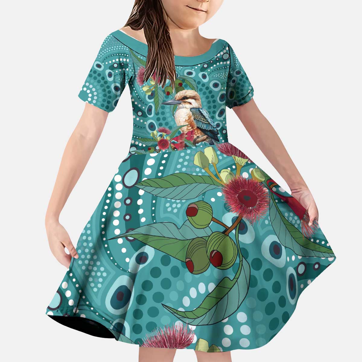 Kookaburra Eucalyptus Personalised Kid Short Sleeve Dress Aboriginal Australian Dot Painting - Aussie Hoodie