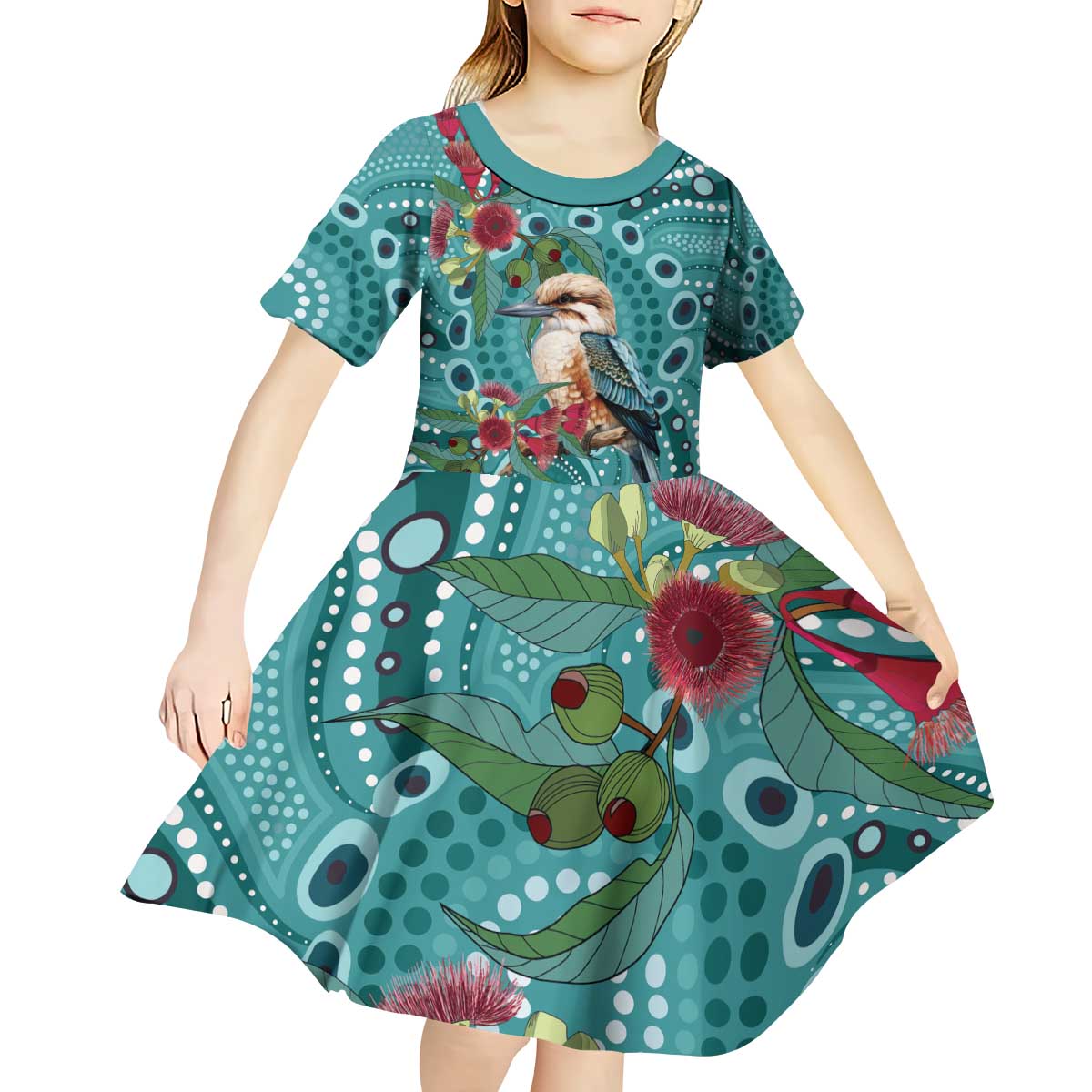 Kookaburra Eucalyptus Personalised Kid Short Sleeve Dress Aboriginal Australian Dot Painting - Aussie Hoodie