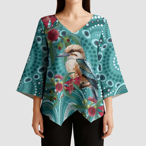Kookaburra Eucalyptus Personalised Kimono Sleeve Blouse Aboriginal Australian Dot Painting - Aussie Hoodie