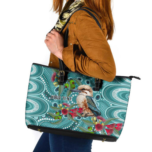 Kookaburra Eucalyptus Personalised Leather Tote Bag Aboriginal Australian Dot Painting - Aussie Hoodie