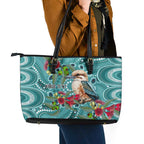 Kookaburra Eucalyptus Personalised Leather Tote Bag Aboriginal Australian Dot Painting - Aussie Hoodie